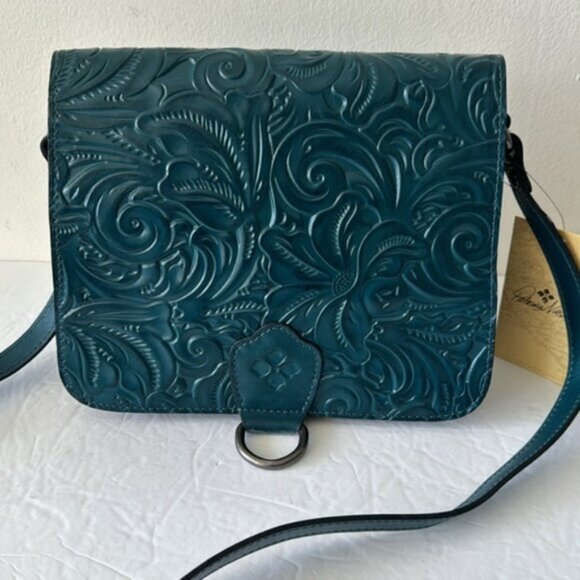 Patricia Nash Ilina Leather Tooled Flap Handbag Blue Coral Crossbody D Ring - Picture 4 of 15